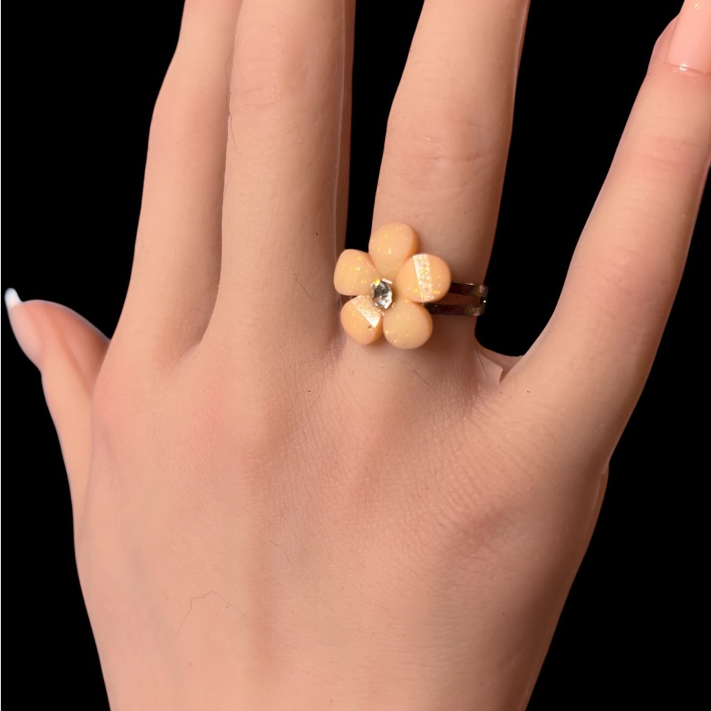 Delicate Peach Resin and Rhinestone Pansy Ring Adjustable EPOC -BUY 2 GET 1 FREE